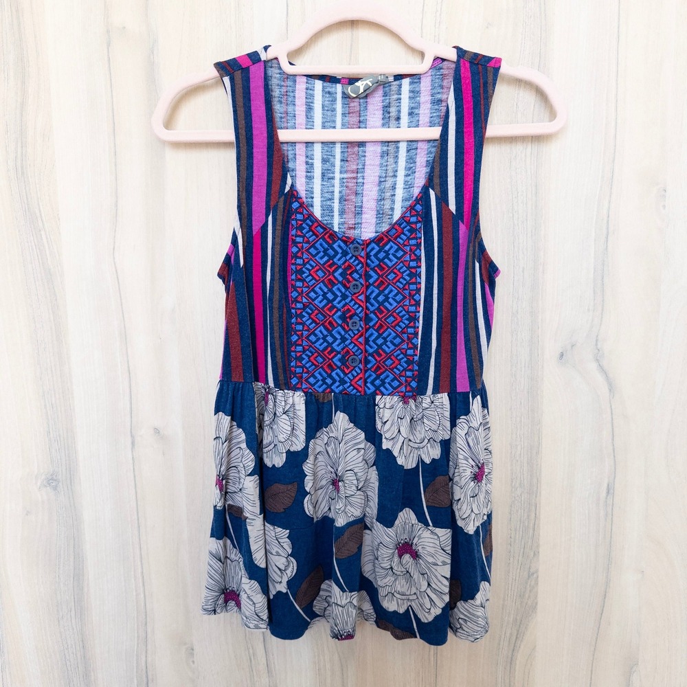 Anthropologie One September Floral‎ Embroidered Top XS Mixed Print Boho Artsy